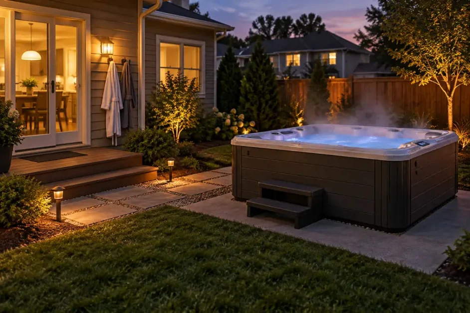 8 Hot Tub Setup Ideas for a Better Backyard Spa 3 cozy twilight backyard hot tub retreat