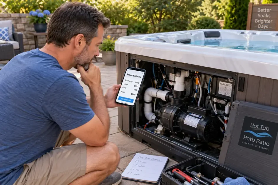 Hot Tub Pump Replacement Cost: Parts, Labor & Repair Options 2 homeowner reviewing hot tub repair estimate