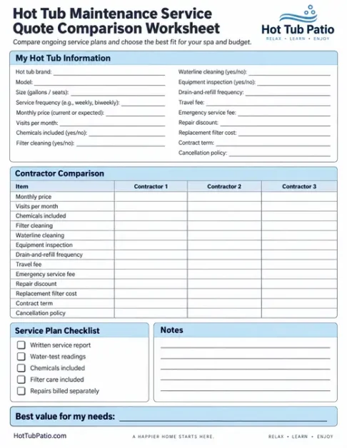 hot tub maintenance comparison worksheet