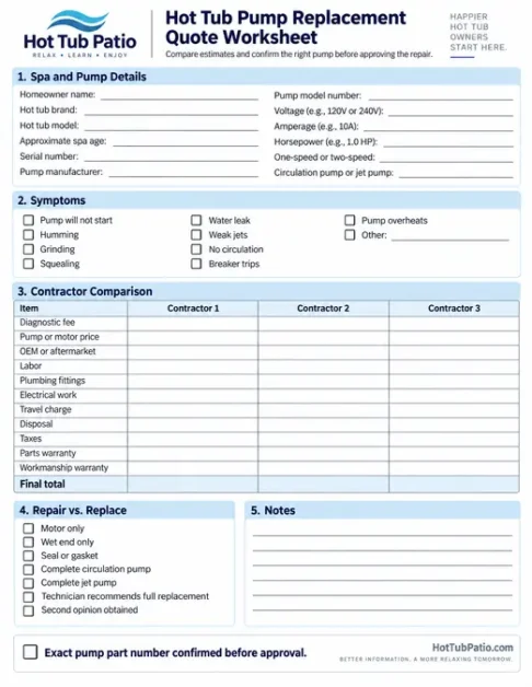 Hot Tub Pump Replacement Cost: Parts, Labor & Repair Options 3 hot tub pump replacement quote worksheet