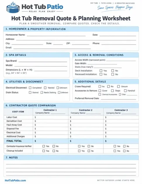 hot tub removal planning worksheet