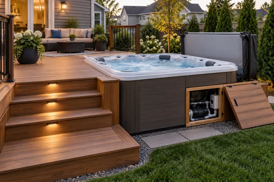 8 Hot Tub Setup Ideas for a Better Backyard Spa 7 twilight backyard spa deck retreat