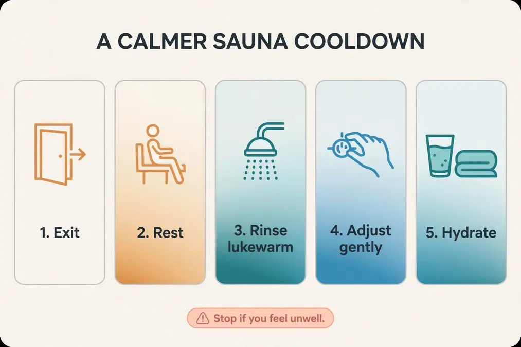 Sauna guest choosing between a cool and warm shower in a cedar spa changing area.