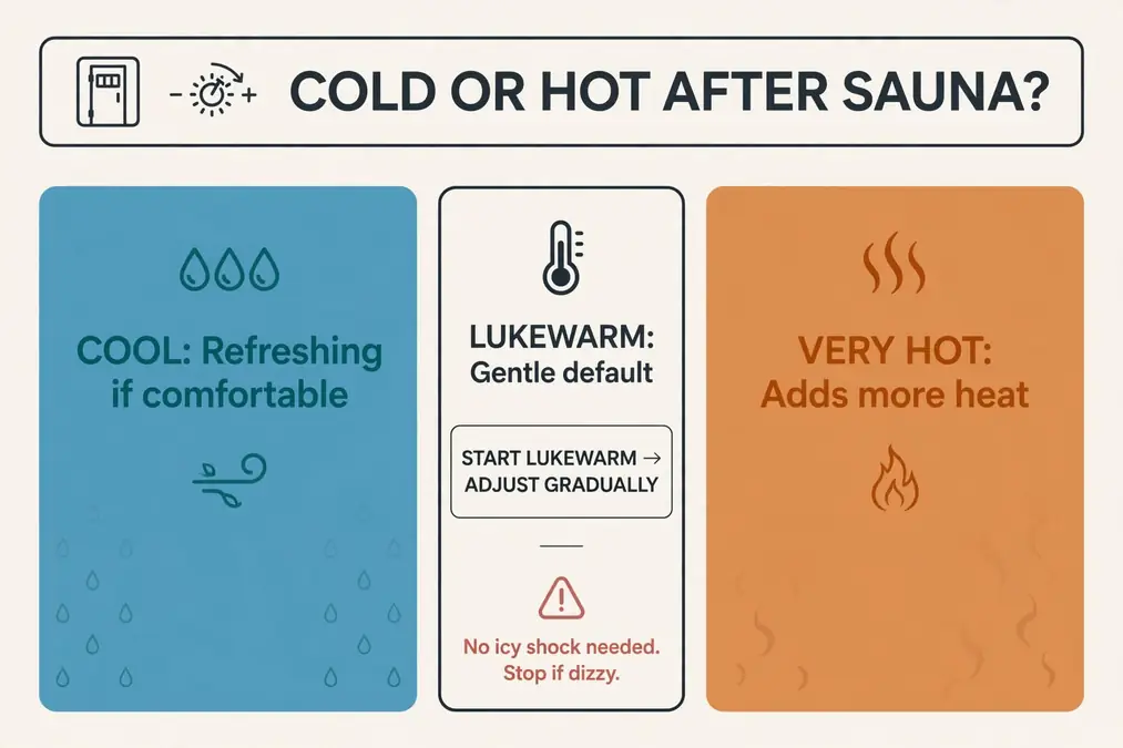 Five steps after sauna: leave, rest, rinse lukewarm, cool gently, then hydrate.