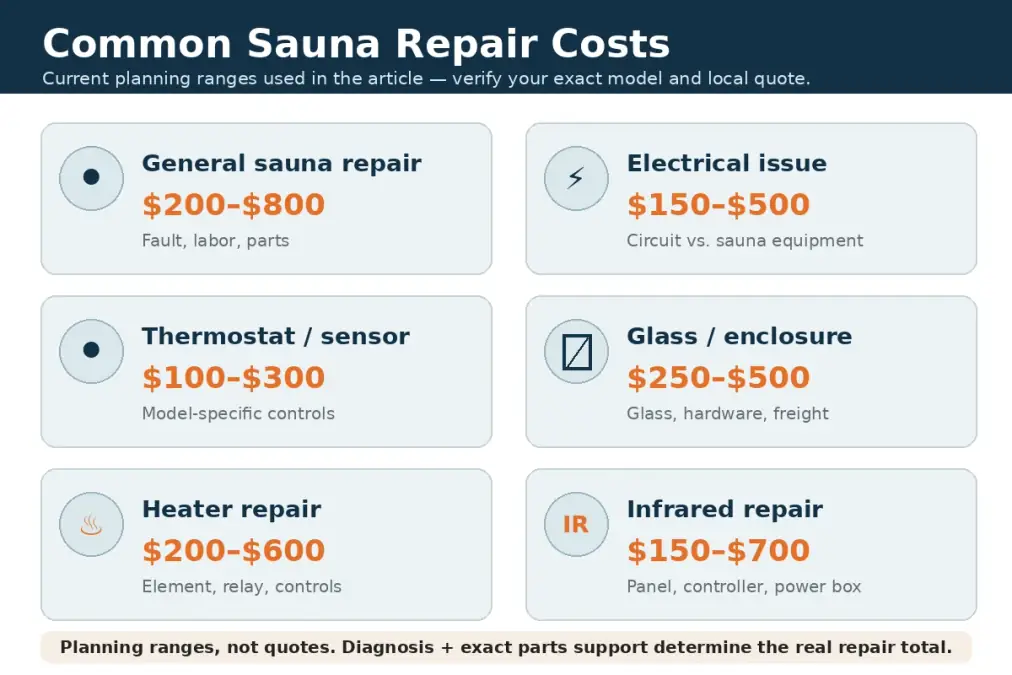 Sauna Repair Cost: Heater, Electrical & Common Repair Prices 2 Infographic showing common sauna repair cost categories including heater, controls, electrical issues, door hardware, and bench repairs