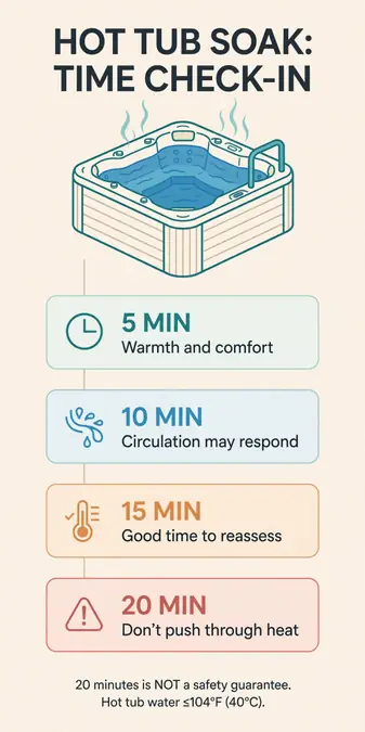 Illustrative sauna timeline with 5-, 10-, 15- and 20-minute check-ins and safety reminders.