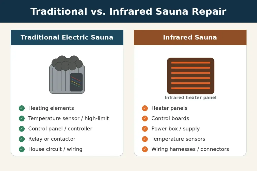Sauna Repair Cost: Heater, Electrical & Common Repair Prices 3 Comparison infographic showing traditional electric sauna heater repairs and infrared sauna panel, control, power, sensor, and wiring repairs