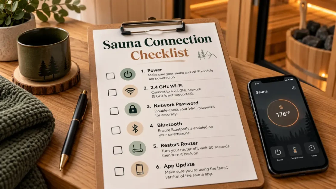 Sauna connection troubleshooting checklist for Wi-Fi and app issues