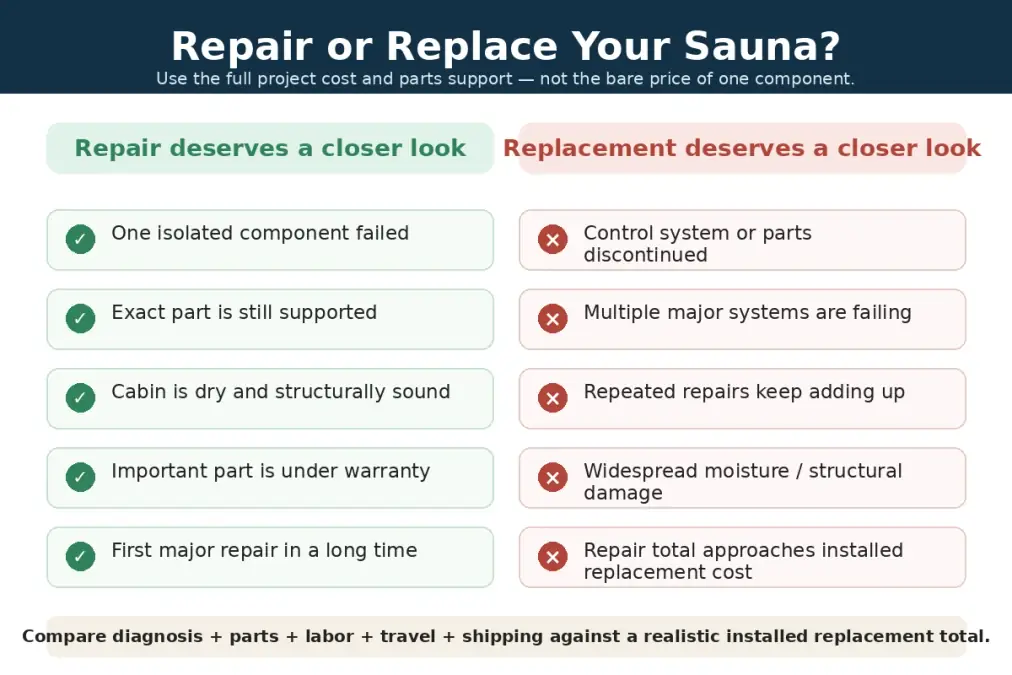 Sauna Repair Cost: Heater, Electrical & Common Repair Prices 4 Sauna repair or replace checklist comparing repair cost, sauna age, parts availability, warranty coverage, structural condition, and repeat failures
