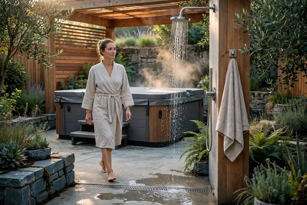 Outdoor shower with a gentle rinse beside a modern hot tub and safe nonslip pathway.