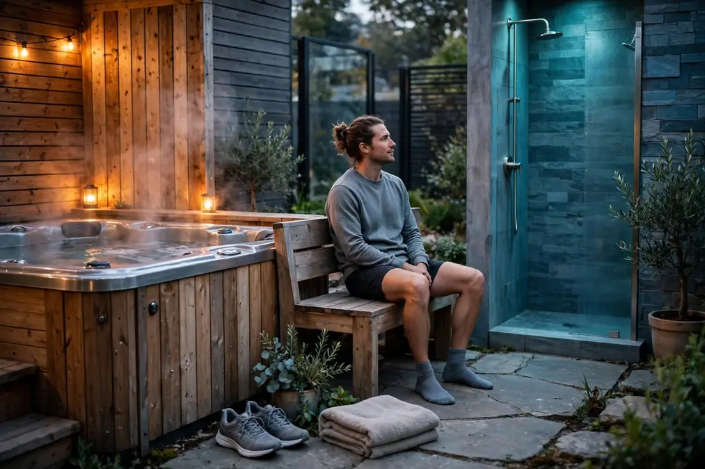 Post-hot-tub shower steps: exit carefully, rest, begin lukewarm, cool gently and hydrate.