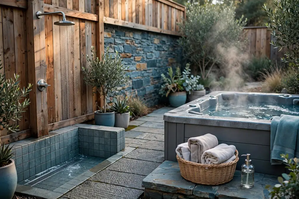 Hot tub shower hygiene comparison: soap-and-water wash before use and gentle rinse afterward.