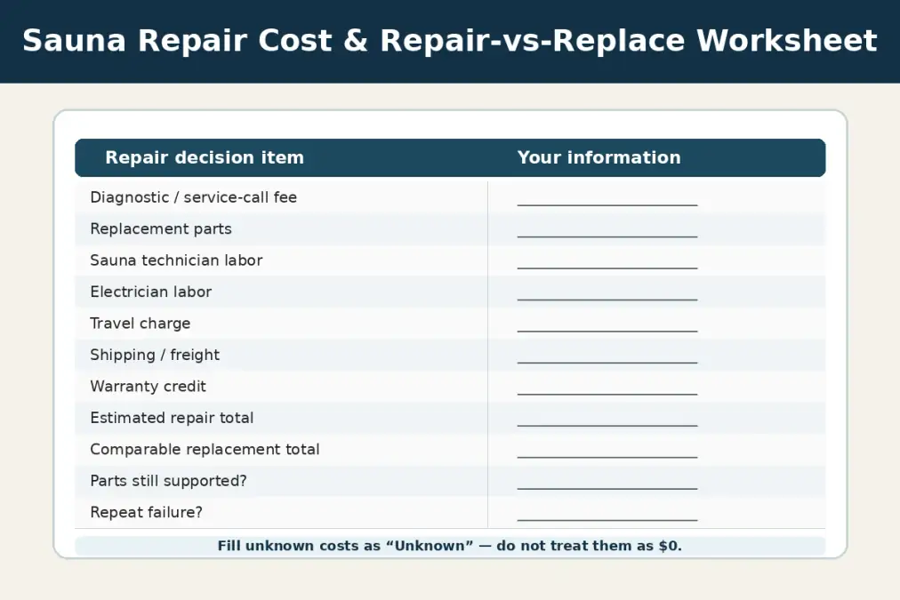 Sauna Repair Cost: Heater, Electrical & Common Repair Prices 6 Sauna repair cost worksheet for recording diagnostic fees, parts, labor, travel, shipping, warranty credit, and replacement estimate