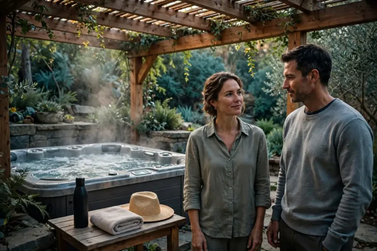 Hot Tub Hydration Guide: Signs You're Getting Too Hot 2 Water bottle and towel on a dry side table next to a hot tub in a calm backyard spa.