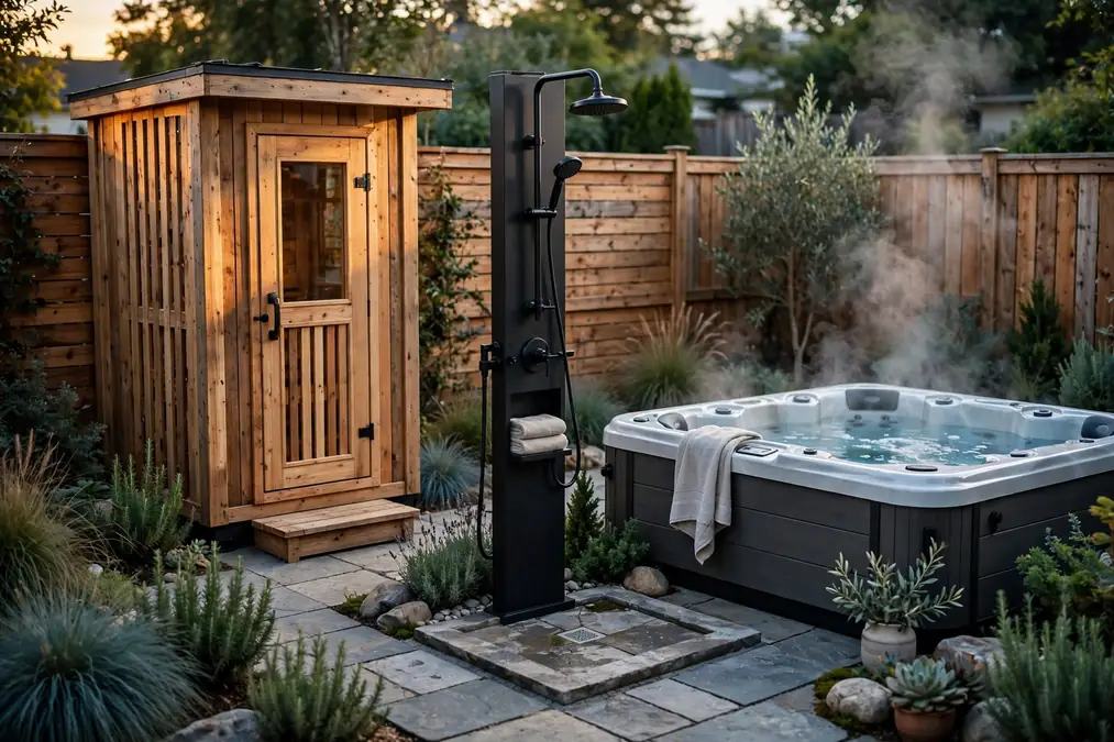 Backyard spa with cedar sauna, hot tub, and private outdoor shower connected by nonslip pavers.