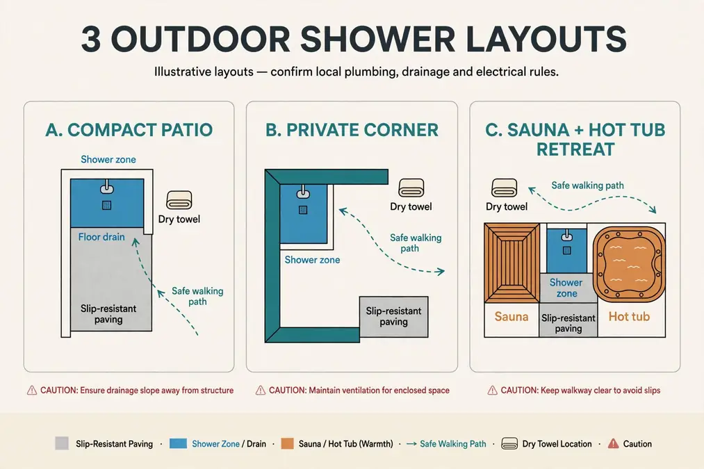 Three conceptual backyard spa shower layouts: compact wall shower, corner privacy screen and combined hot tub-sauna retreat.
