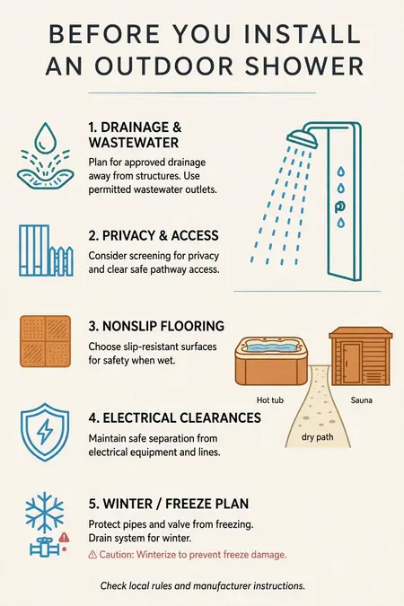 Outdoor spa shower planning checklist covering drainage, privacy, nonslip flooring, safe electrical clearances and winterization.