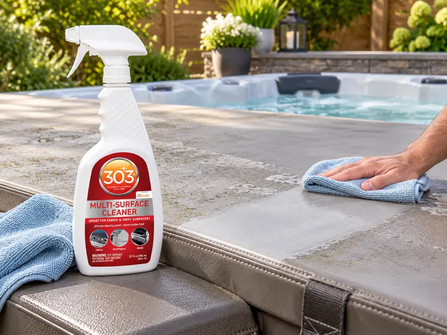 303 Marine Multi-Surface Cleaner beside a hot tub cover
