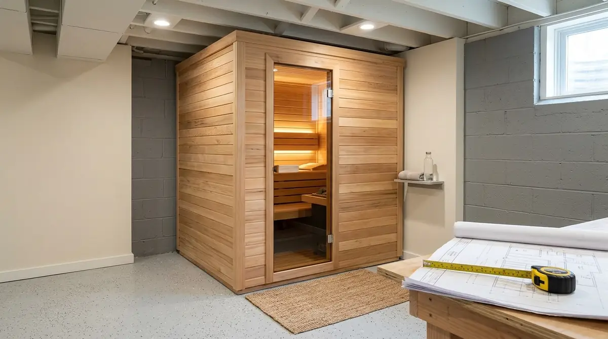 Wooden sauna in a basement with construction plans spread on the floor