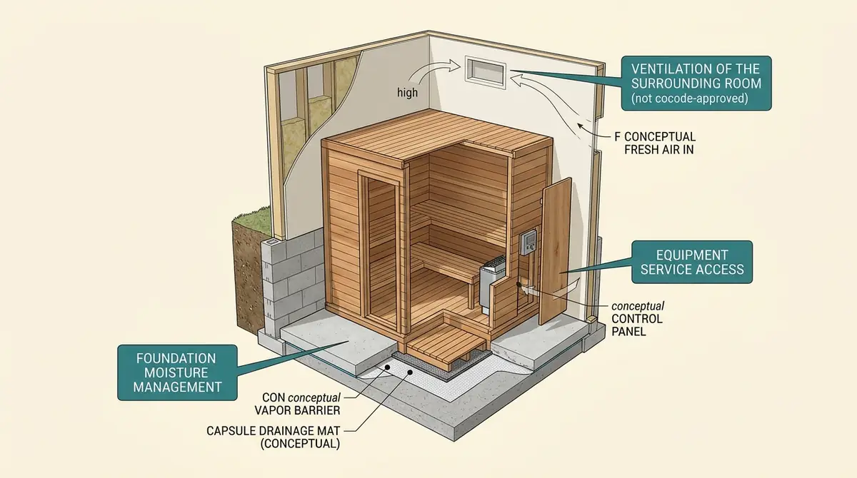 Illustration showing a cutaway view of a sauna installed in a basement