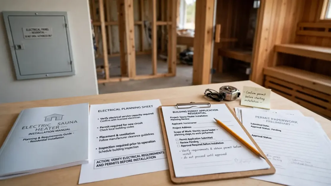 Do You Need a Permit for a Sauna? Building, Electrical & Zoning Guide 2 Sauna model surrounded by building, zoning, electrical, mechanical, and plumbing permit planning documents