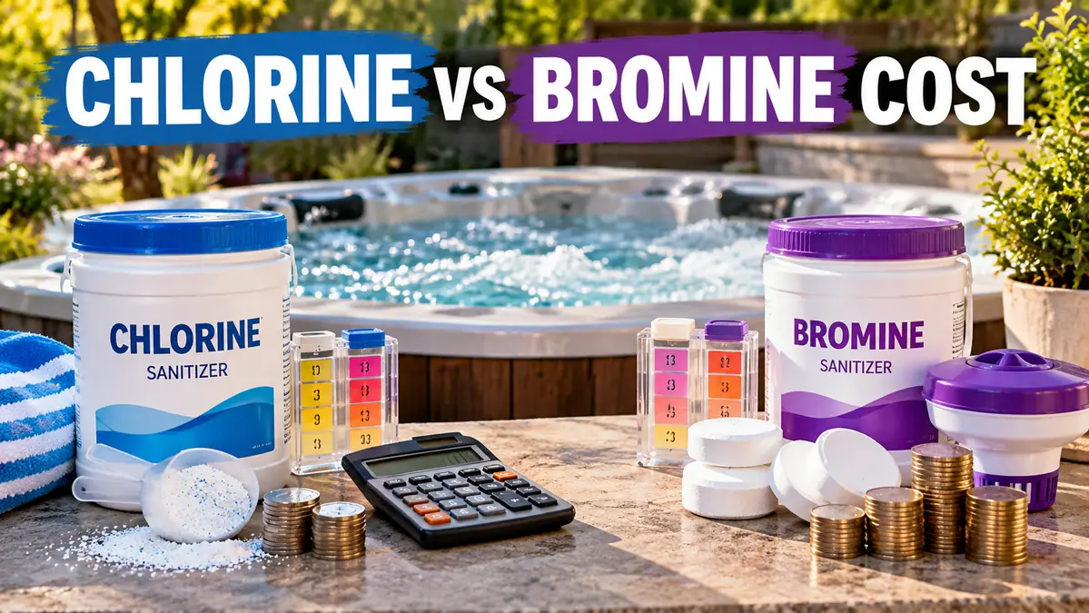 Chlorine and bromine hot tub sanitizer cost comparison with calculator and coins beside spa chemicals