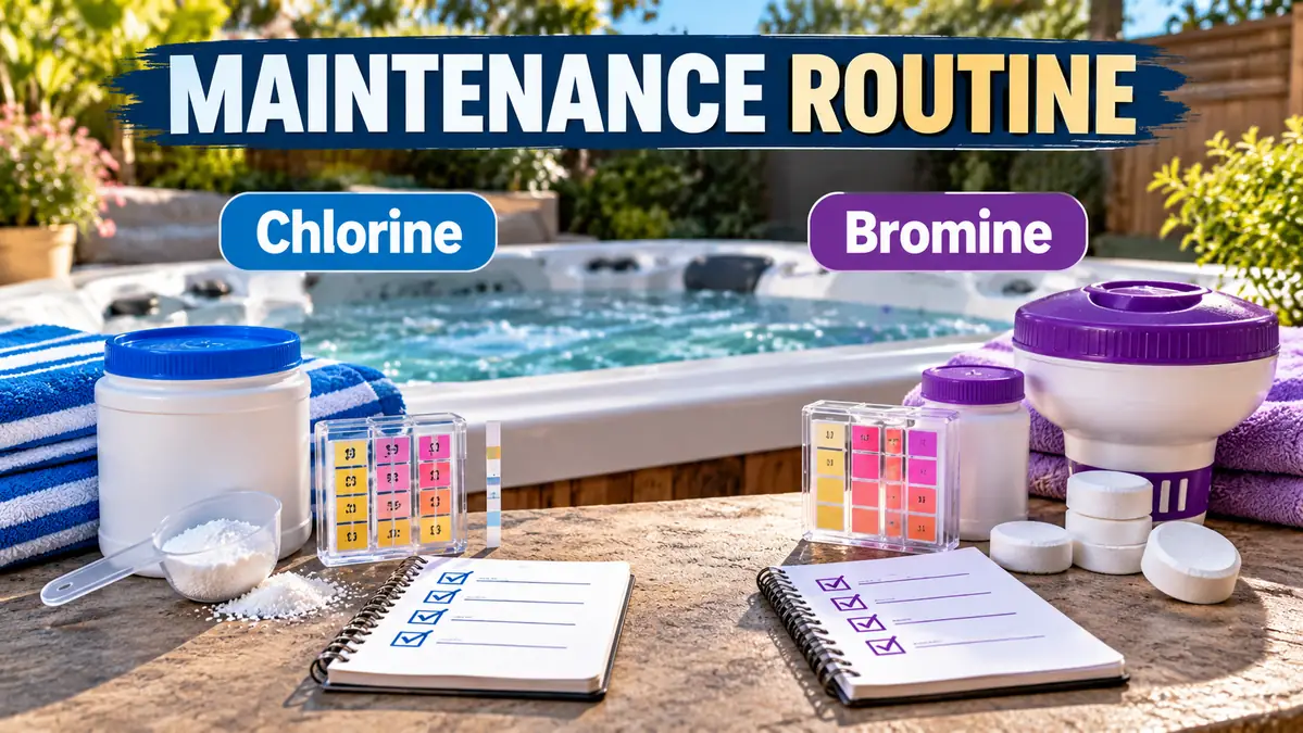 Chlorine and bromine hot tub maintenance supplies with test kits, sanitizer containers, and checklists beside a spa