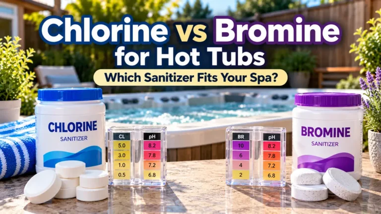 Chlorine and bromine hot tub sanitizers compared beside water test kits and a backyard spa
