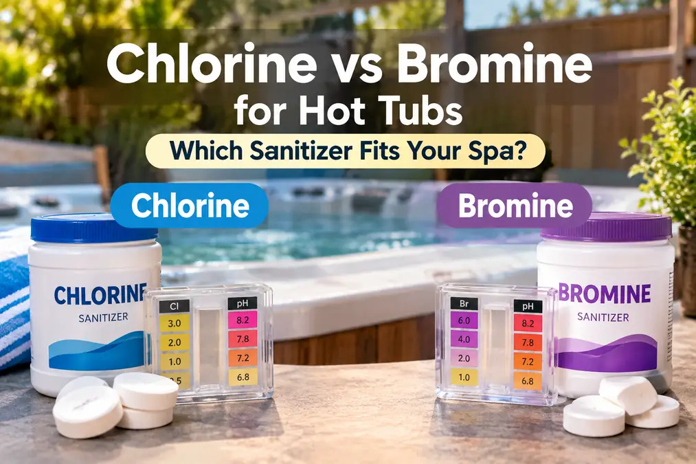 Chlorine vs bromine hot tub sanitizer comparison with testing supplies and spa water