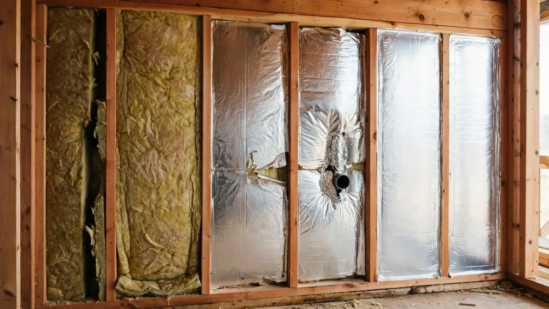 Sauna Insulation Guide: Walls, Ceiling, Vapor Barrier & R-Values 6 Sauna wall showing insulation gaps, compressed batts, and unsealed foil vapor-barrier areas