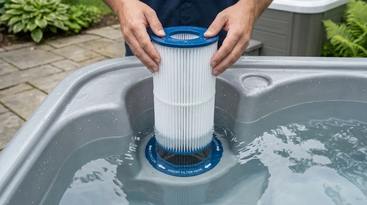 How to Clean a Hot Tub Filter Safely: Rinse, Soak or Replace? 3 A hot tub filter cleaning method, showing a cartridge being rinsed.