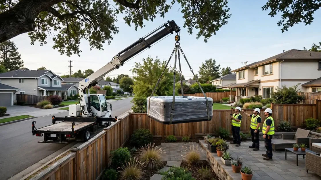 Crane safely lifting a hot tub over a fence into a residential backyard