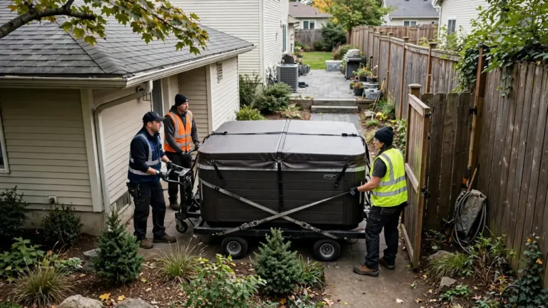 Hot Tub Delivery Access Checklist: Gates, Turns & Cranes 1 Hot tub delivery crew moving a spa through a backyard gate with a tight turn