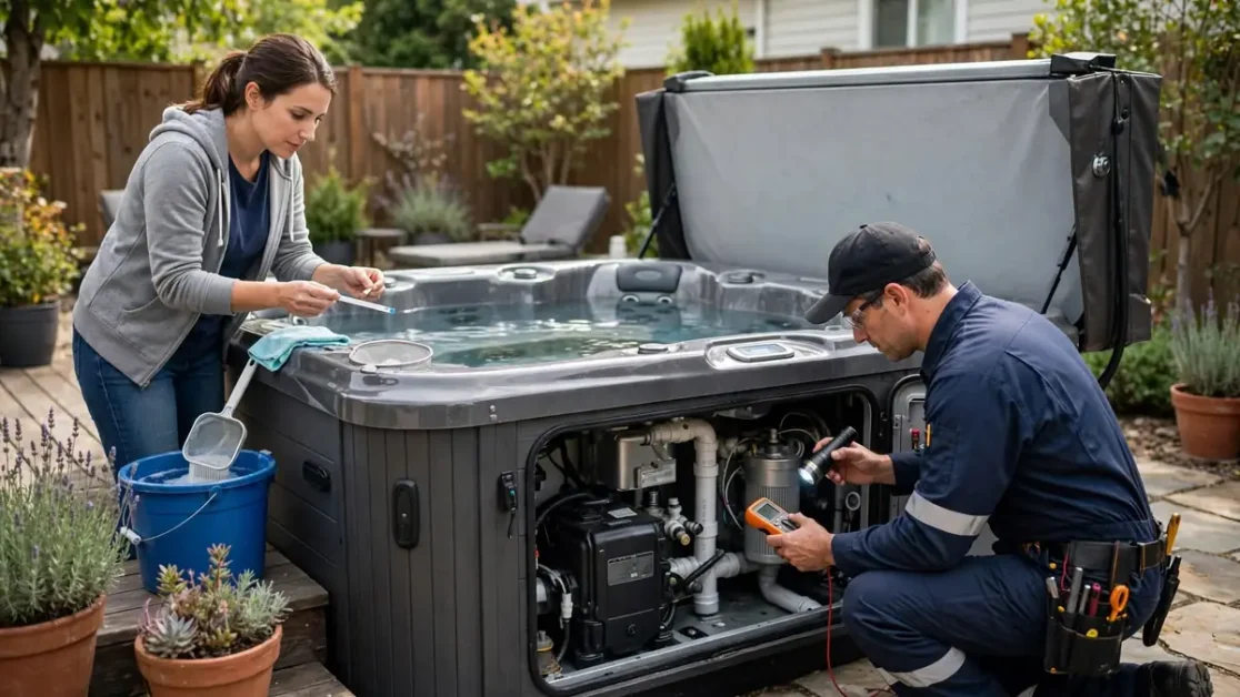 Homeowner doing routine hot tub maintenance while a technician inspects spa equipment