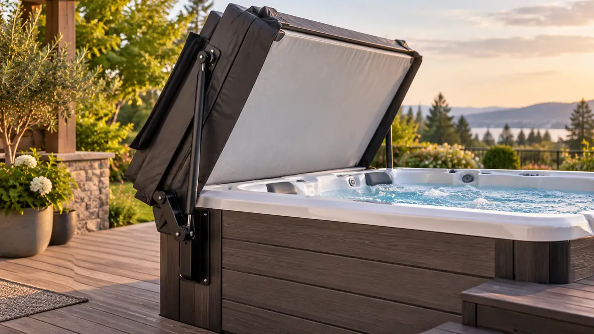 Hot tub cover folded back on a black cover lifter beside an outdoor spa
