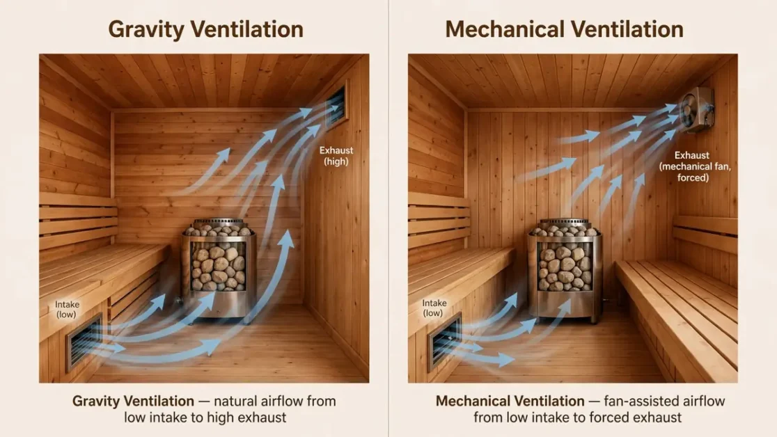 Sauna Ventilation Requirements: Intake, Exhaust & Airflow Planning 2 Gravity and mechanical sauna ventilation systems shown with different airflow paths