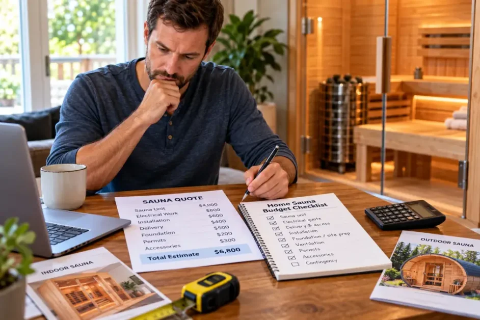 Home sauna budget checklist beside a sauna quote and planning materials