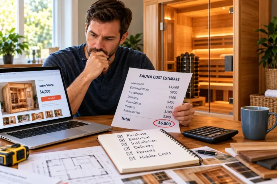 Home sauna cost worksheet with calculator, quote, and planning materials