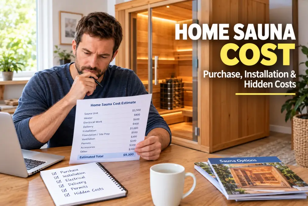 Homeowner reviewing a home sauna cost estimate beside an indoor sauna
