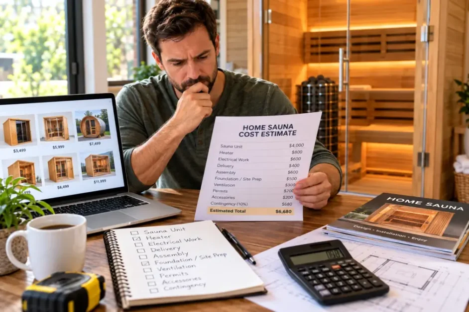 Homeowner comparing a sauna cost estimate with product and installation planning notes