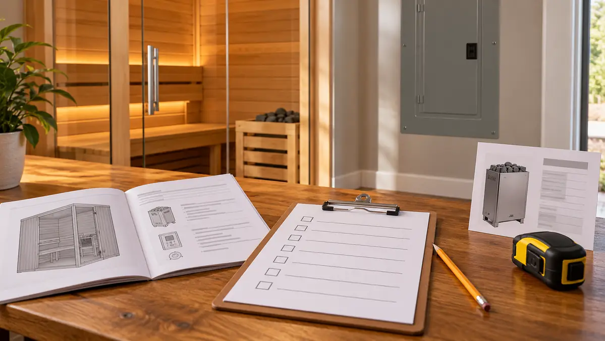 Sauna Electrical Requirements: 120V vs 240V, Breakers & Planning 4 Sauna planning checklist, manuals, tape measure, and heater specification sheet on a table beside a home sauna and electrical panel