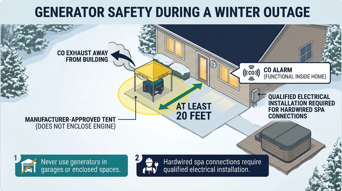 Backyard generator safety layout illustrating outdoor generator placement away from doors, windows and vents during a hot tub power outage.