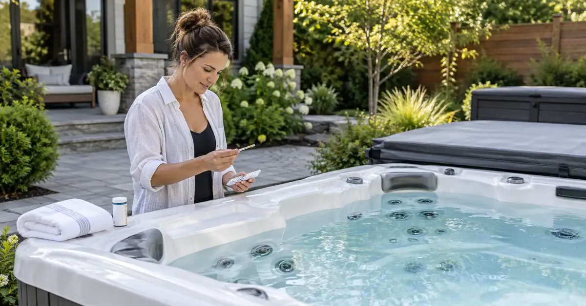 Hot Tub Hygiene: Clean Water & Contamination Prevention 2 Woman checking water quality beside a clean backyard hot tub