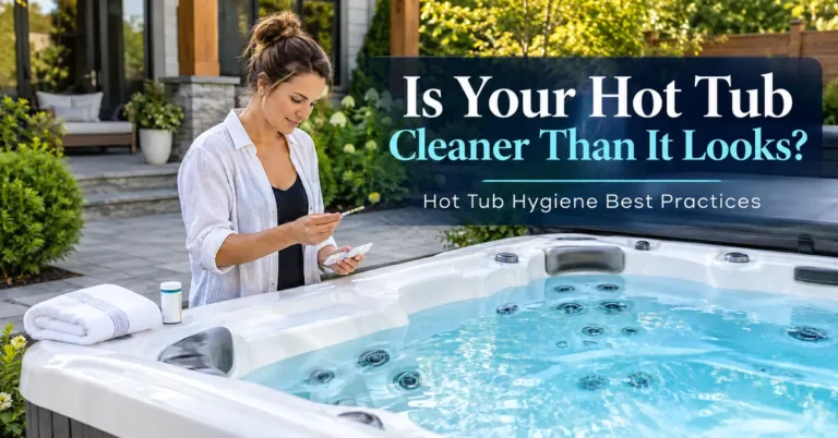 Woman testing hot tub water beside a clean backyard spa