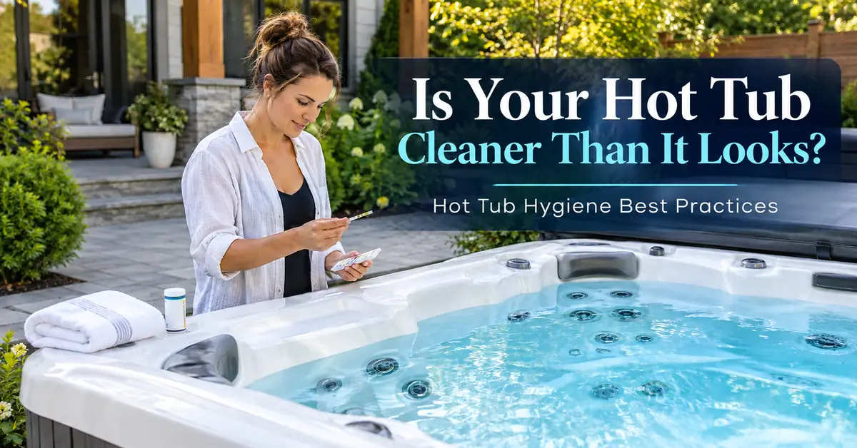 Hot Tub Hygiene: Clean Water & Contamination Prevention 1 Woman testing hot tub water beside a clean backyard spa