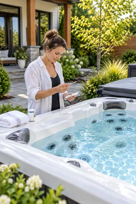Hot Tub Hygiene: Clean Water & Contamination Prevention 5 Vertical hot tub hygiene image with a woman testing clean spa water