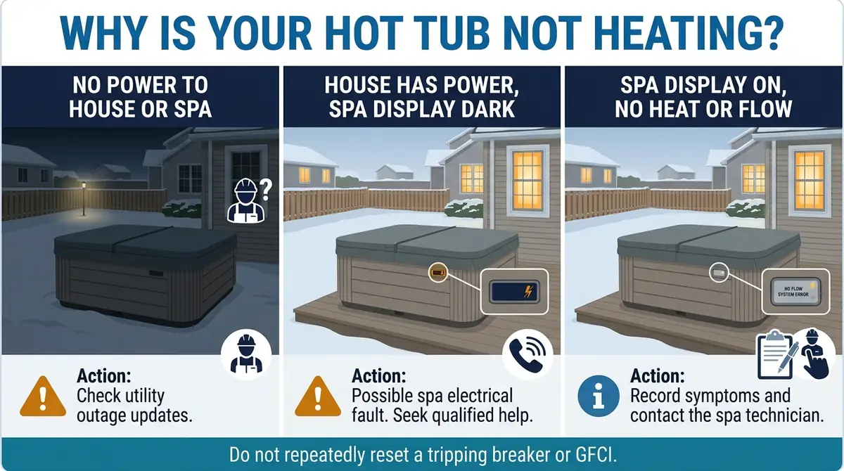 Three-way hot tub power failure comparison: house and spa without power, spa display dark, or spa display on with no heat or flow.
