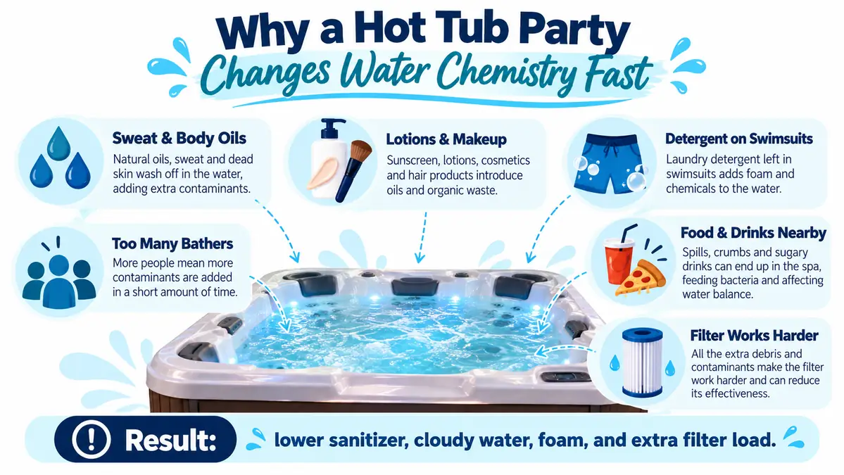 Hot tub party water chemistry infographic showing sweat, lotions, swimsuit detergent, bathers, food, drinks, and filter load