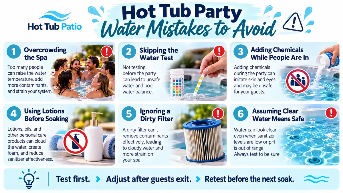 Hot tub party water care mistakes infographic with overcrowding, skipped testing, chemical dosing, lotions, dirty filter, and clear water warnings