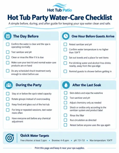 Printable hot tub party water-care checklist for the day before, before guests arrive, during the party, and after the last soak
